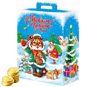 Детский подарок на Новый Год  в картонной упаковке весом 1450 грамм по цене 843 руб с символом 2022 года