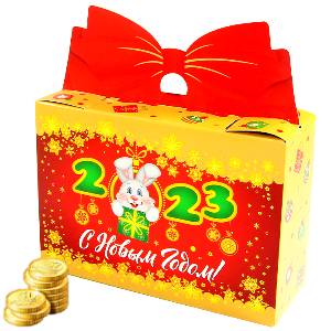 Детский новогодний подарок  в картонной упаковке весом 550 грамм по цене 424 руб с символом 2023 года